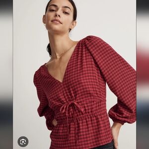 Madewell Red Black Gingham Peplum Tie Front Blouse Size Small
